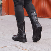 Women's Black Pebbled Leather Biker Boots — Chesham