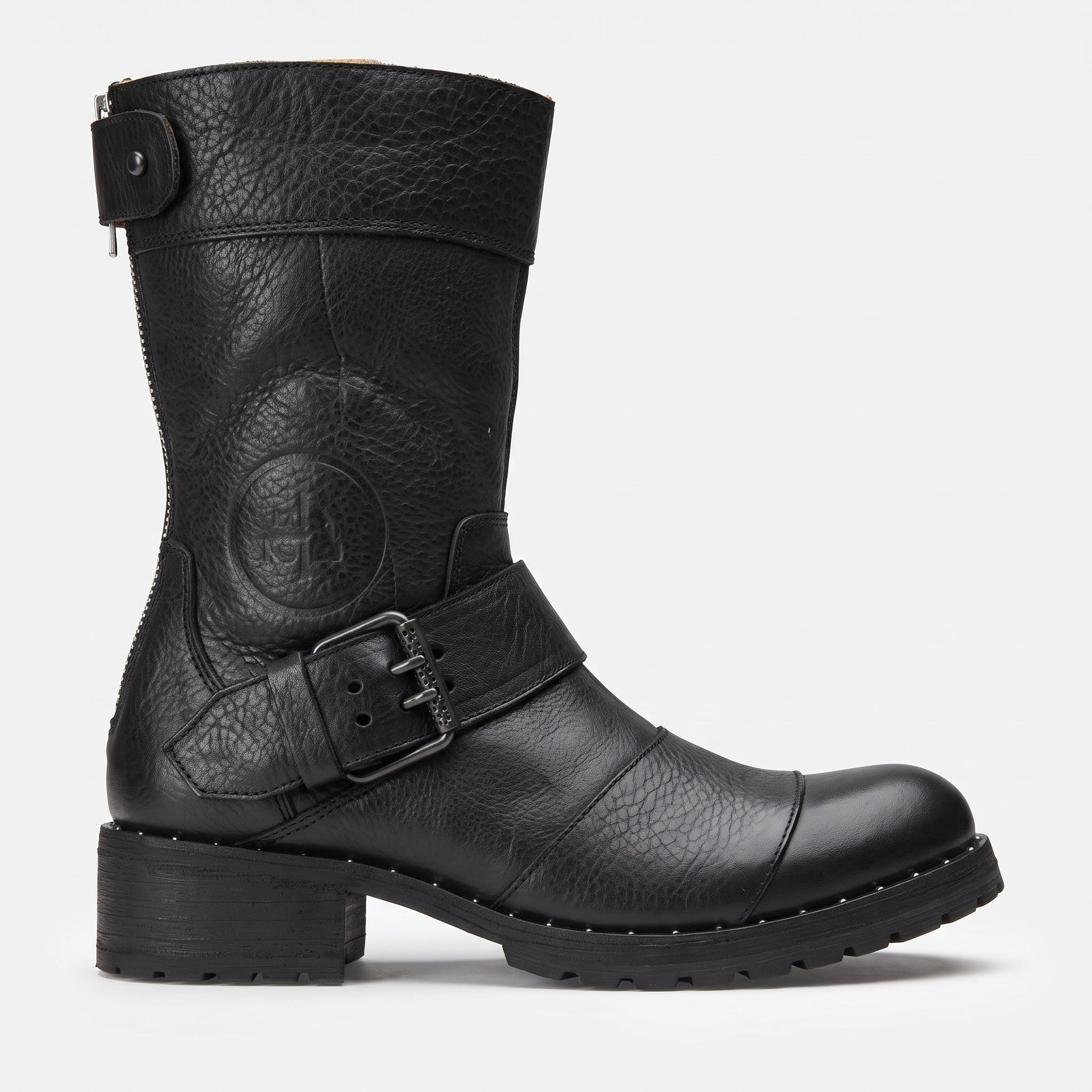 Women's Black Pebbled Leather Biker Boots — Chesham