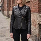Women's Black Pebbled Leather Biker Jacket — Belstead