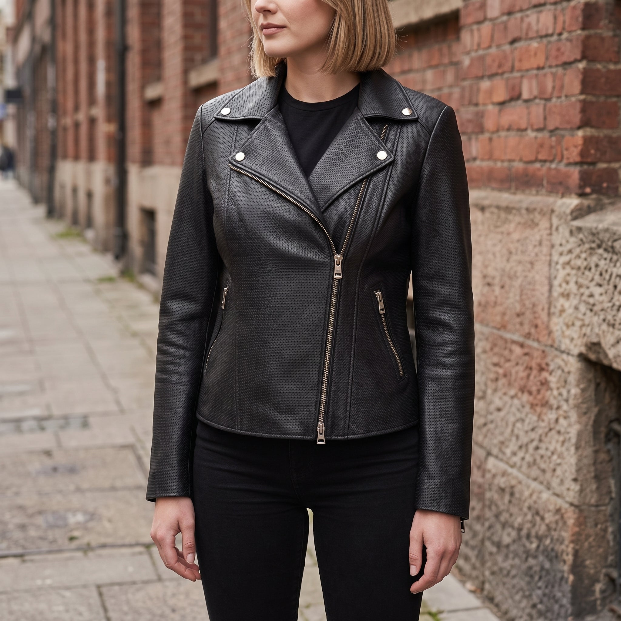 Women's Black Pebbled Leather Biker Jacket — Belstead