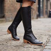 Women's Black Plain-Toe Lace-Up Leather Knee-High Boots — Dillingham
