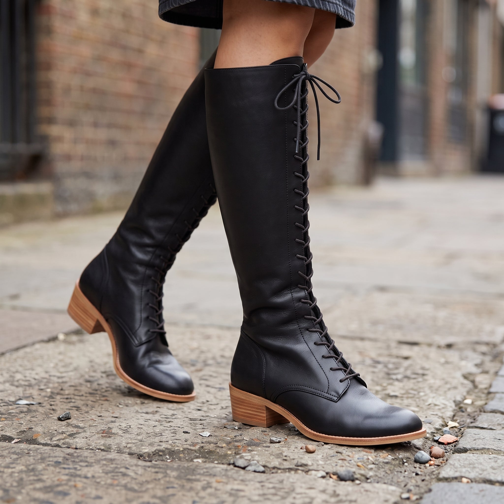 Women's Black Plain-Toe Lace-Up Leather Knee-High Boots — Dillingham