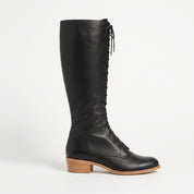 Women's Black Plain-Toe Lace-Up Leather Knee-High Boots — Dillingham