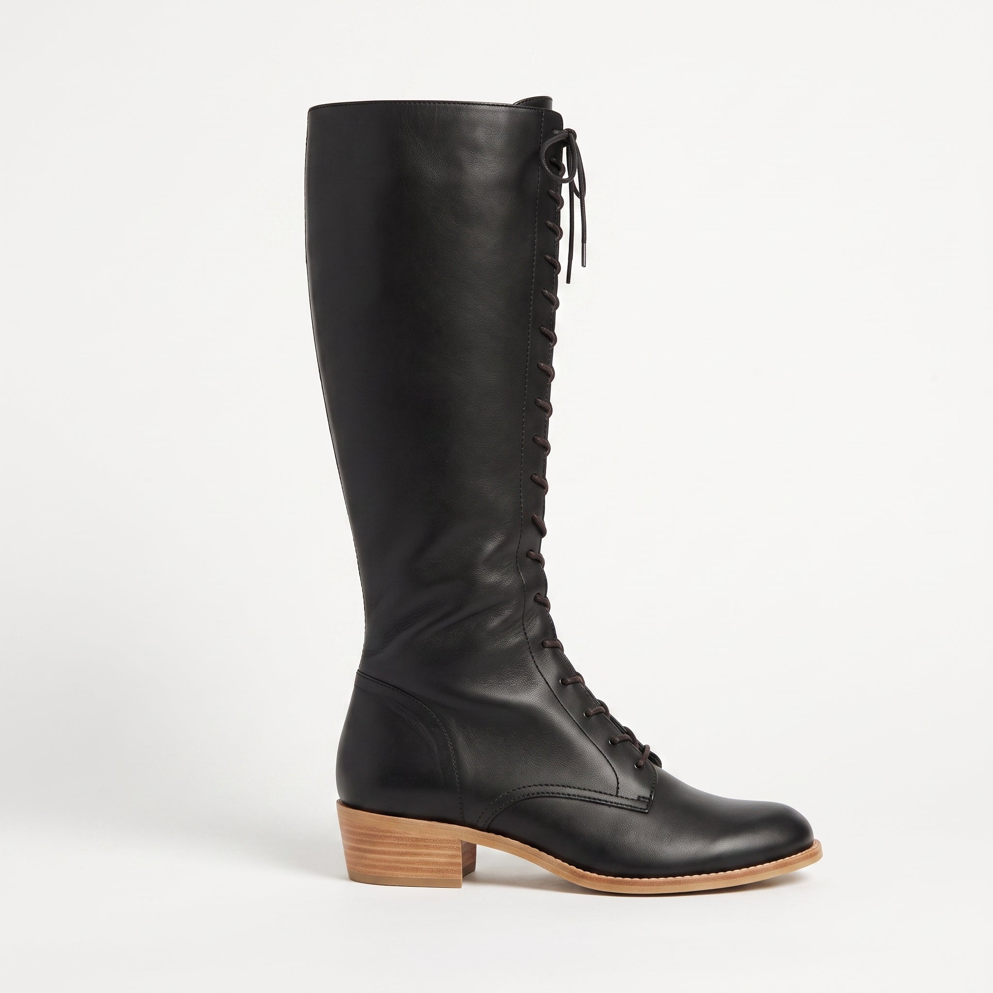 Women's Black Plain-Toe Lace-Up Leather Knee-High Boots — Dillingham