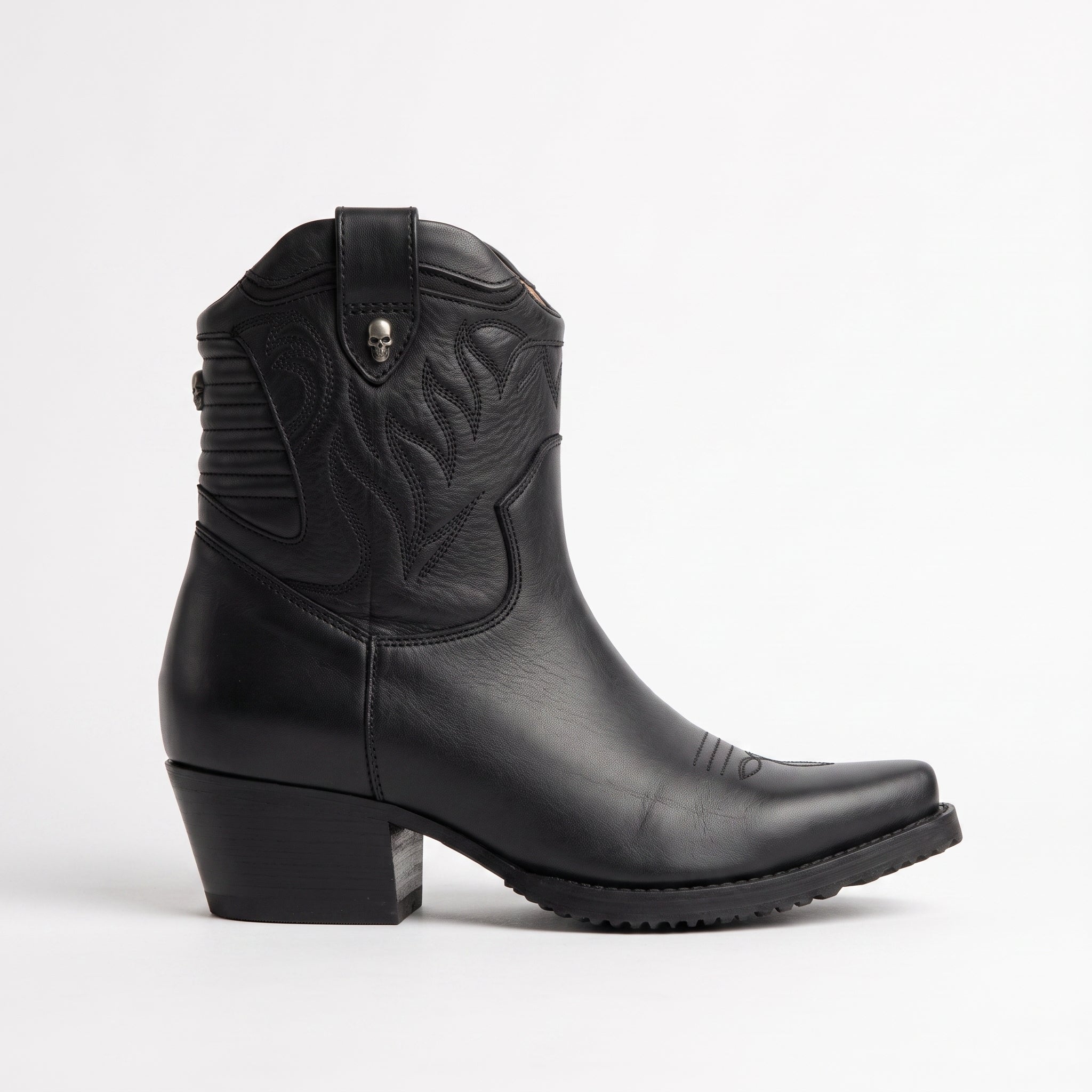 Women's Black Plain-Toe Leather Ankle Cowboy Boots — Plunkett