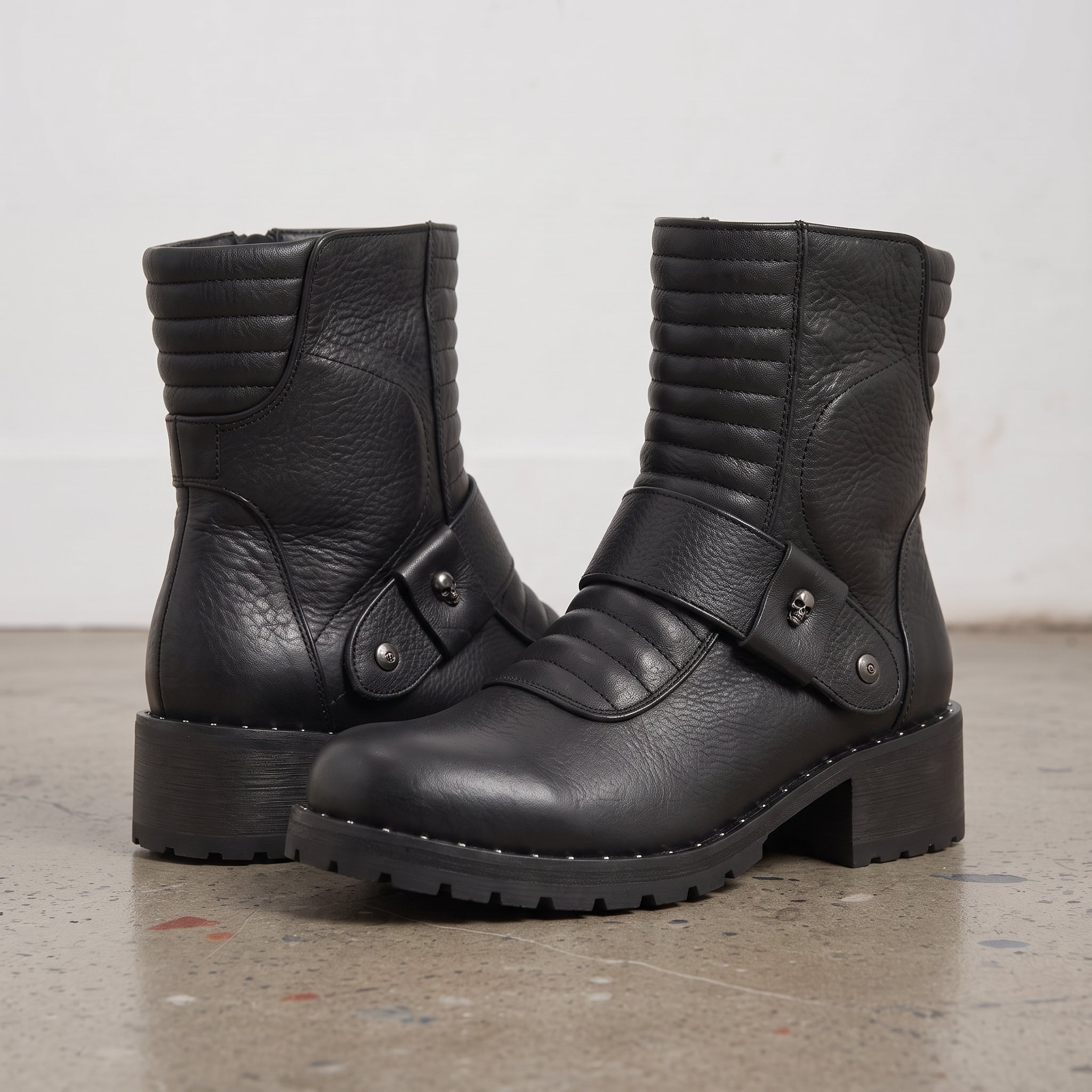 Women's Black Plain-Toe Leather Biker Boots — Slingsby