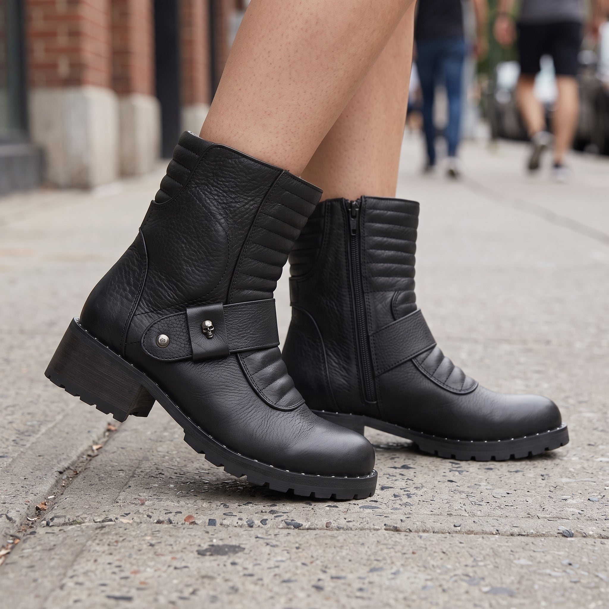 Women's Black Plain-Toe Leather Biker Boots — Slingsby