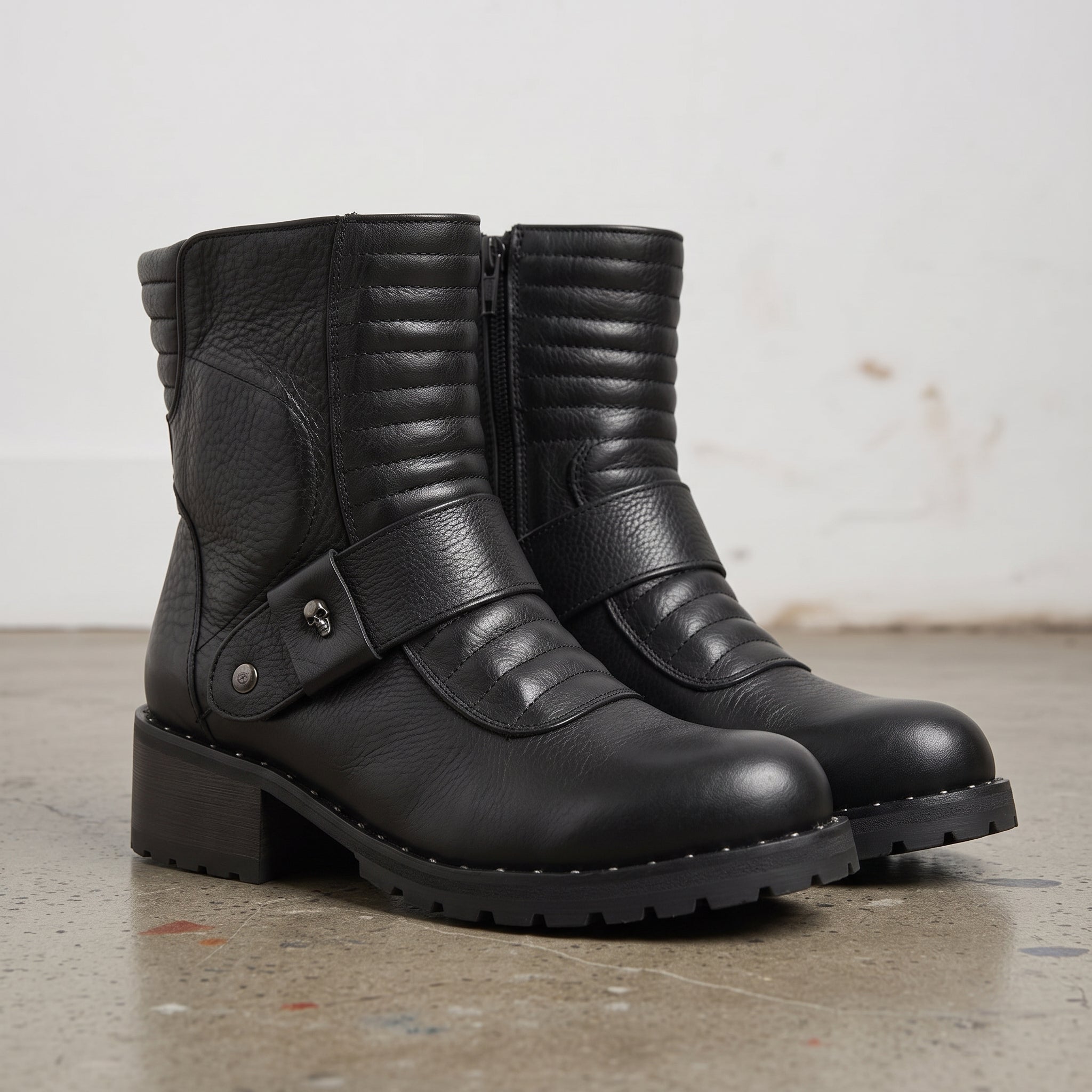 Women's Black Plain-Toe Leather Biker Boots — Slingsby
