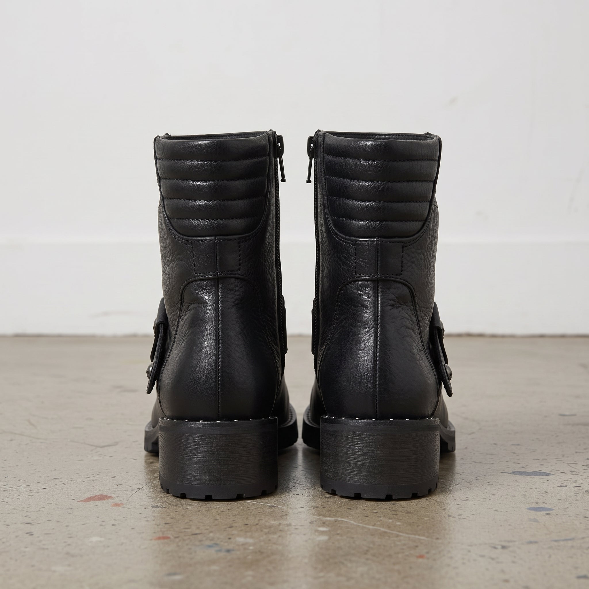 Women's Black Plain-Toe Leather Biker Boots — Slingsby