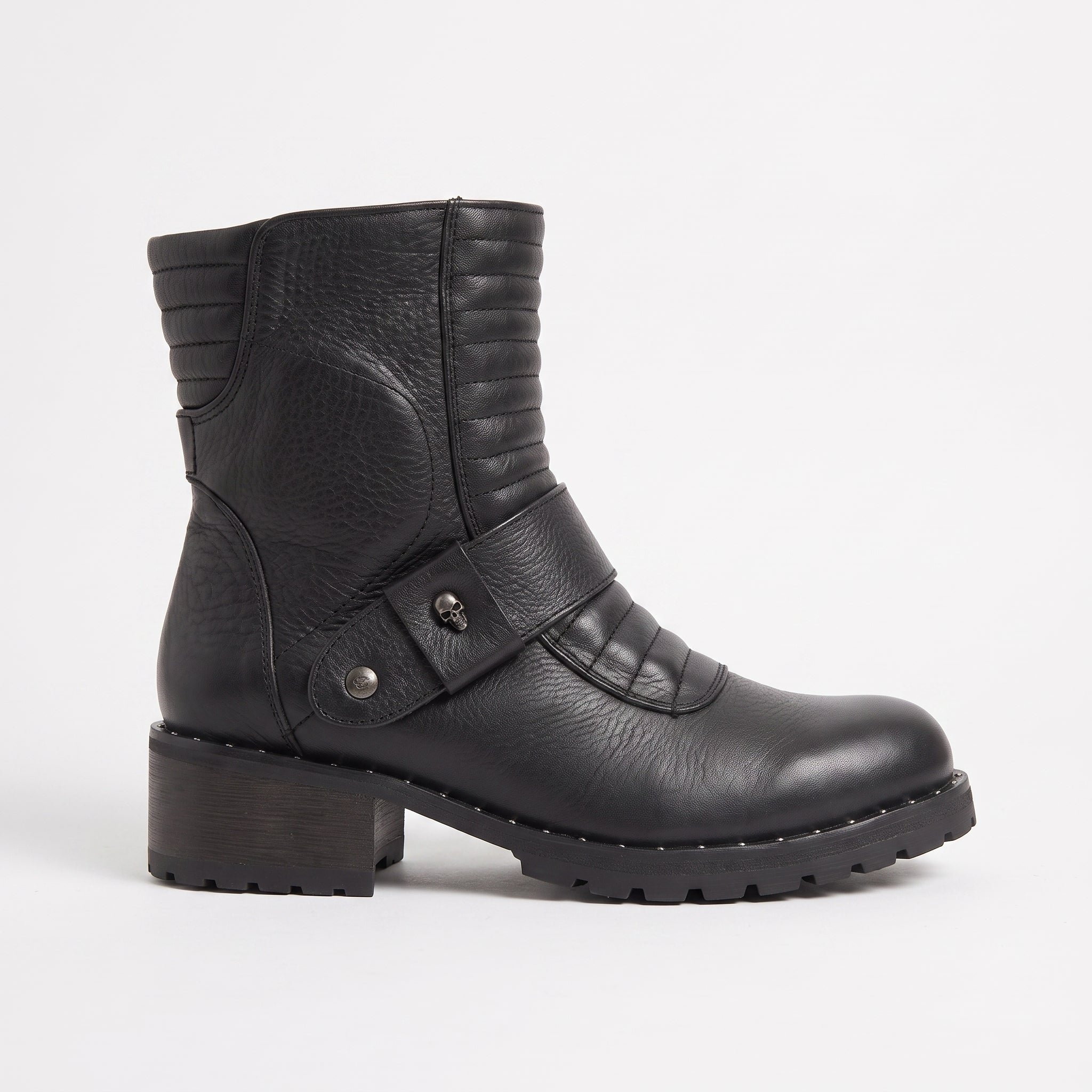 Women's Black Plain-Toe Leather Biker Boots — Slingsby