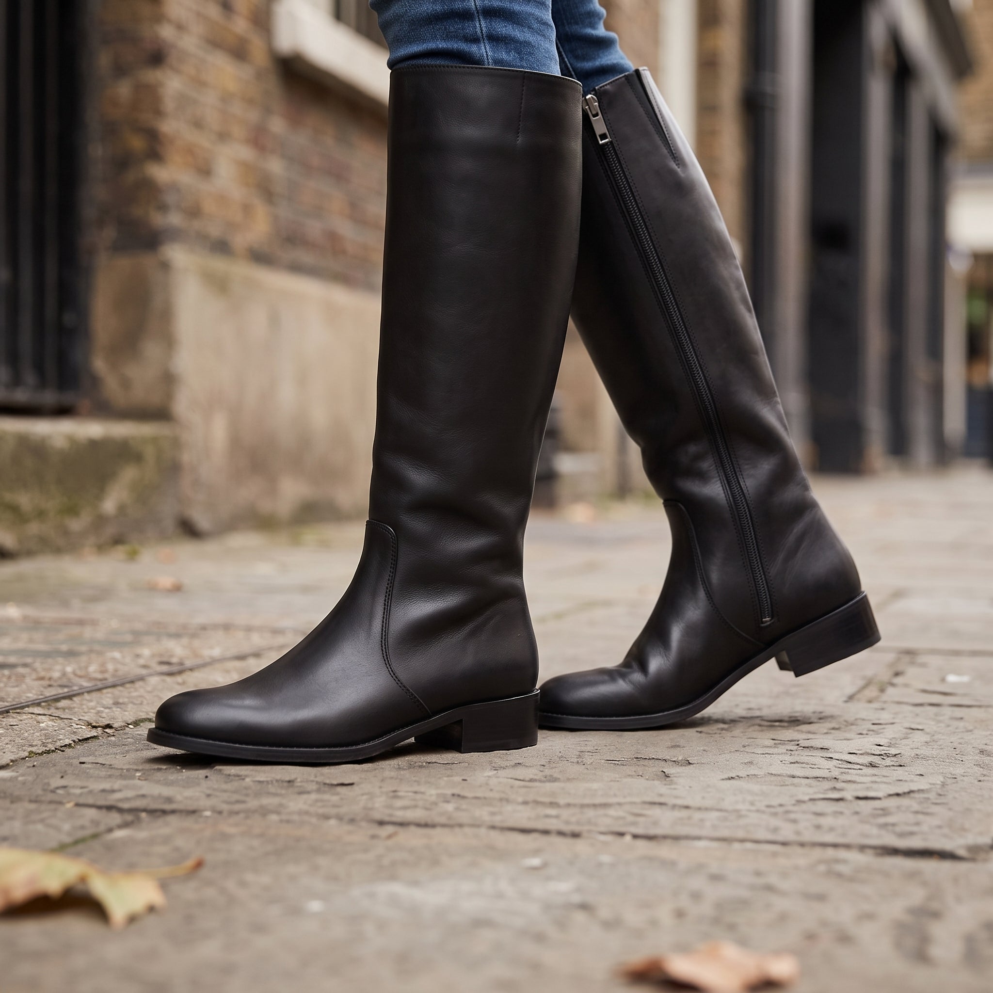 Women's Black Plain-Toe Leather Knee-High Boots — Marley