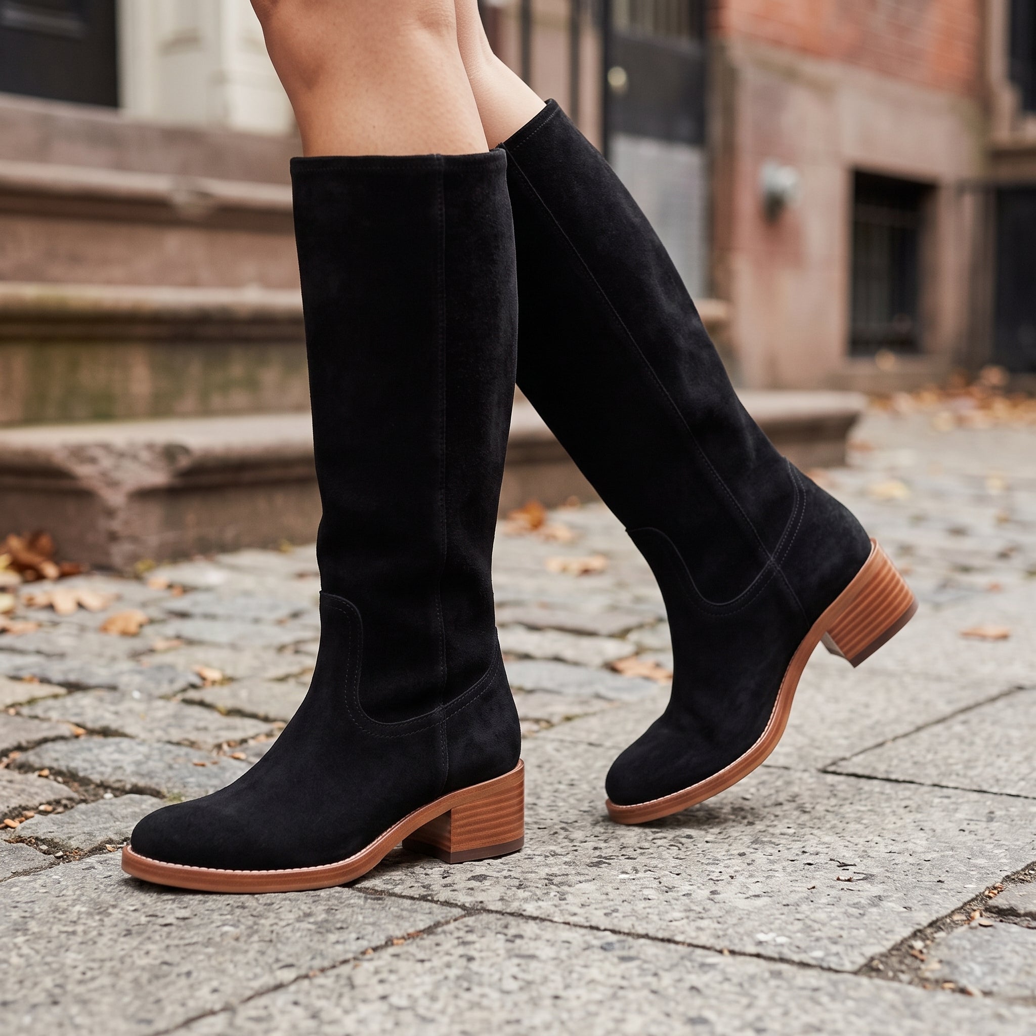 Handmade Women's Black Suede Knee-High Riding Boots — Brixham — Brixham