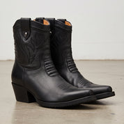 Women's Black Plain-Toe Leather Ankle Cowboy Boots — Plunkett