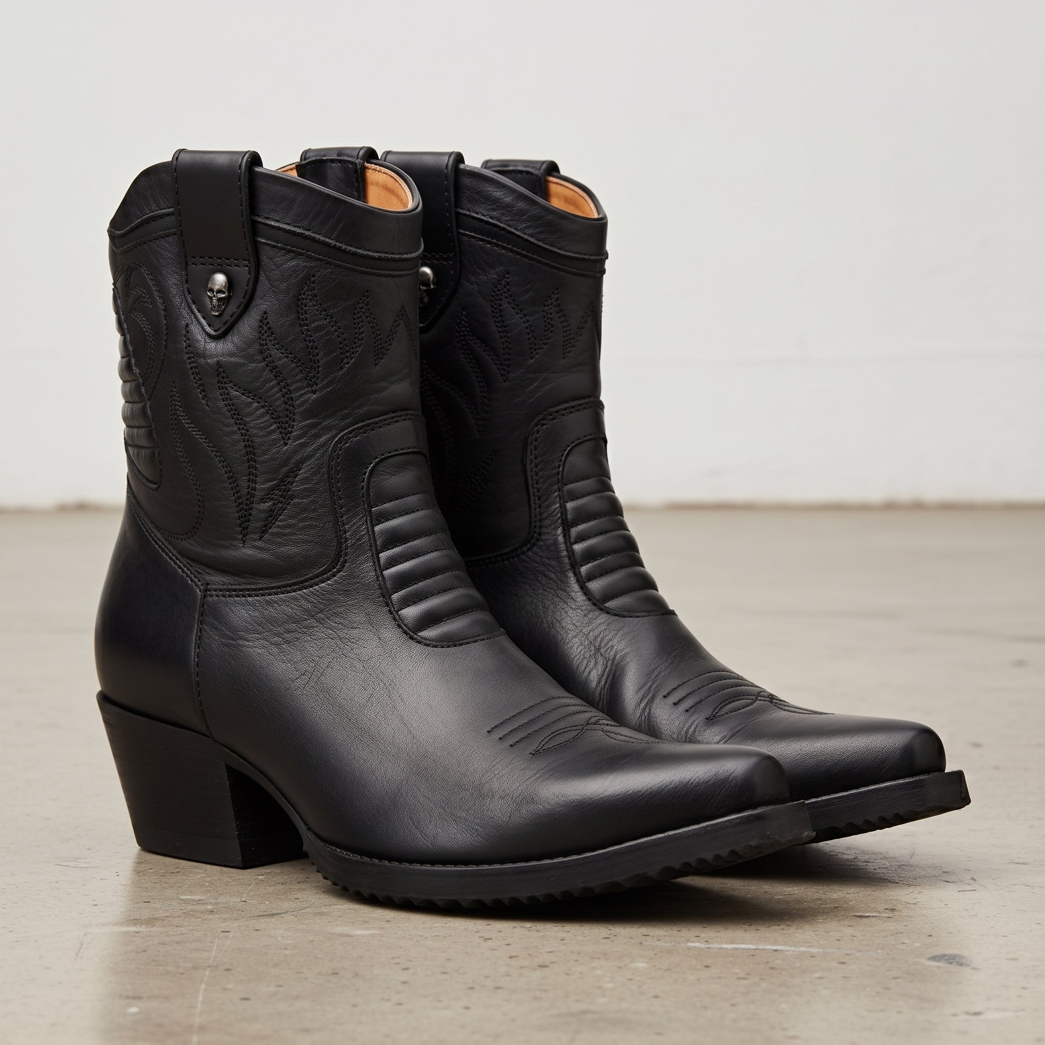 Women's Black Plain-Toe Leather Ankle Cowboy Boots — Plunkett