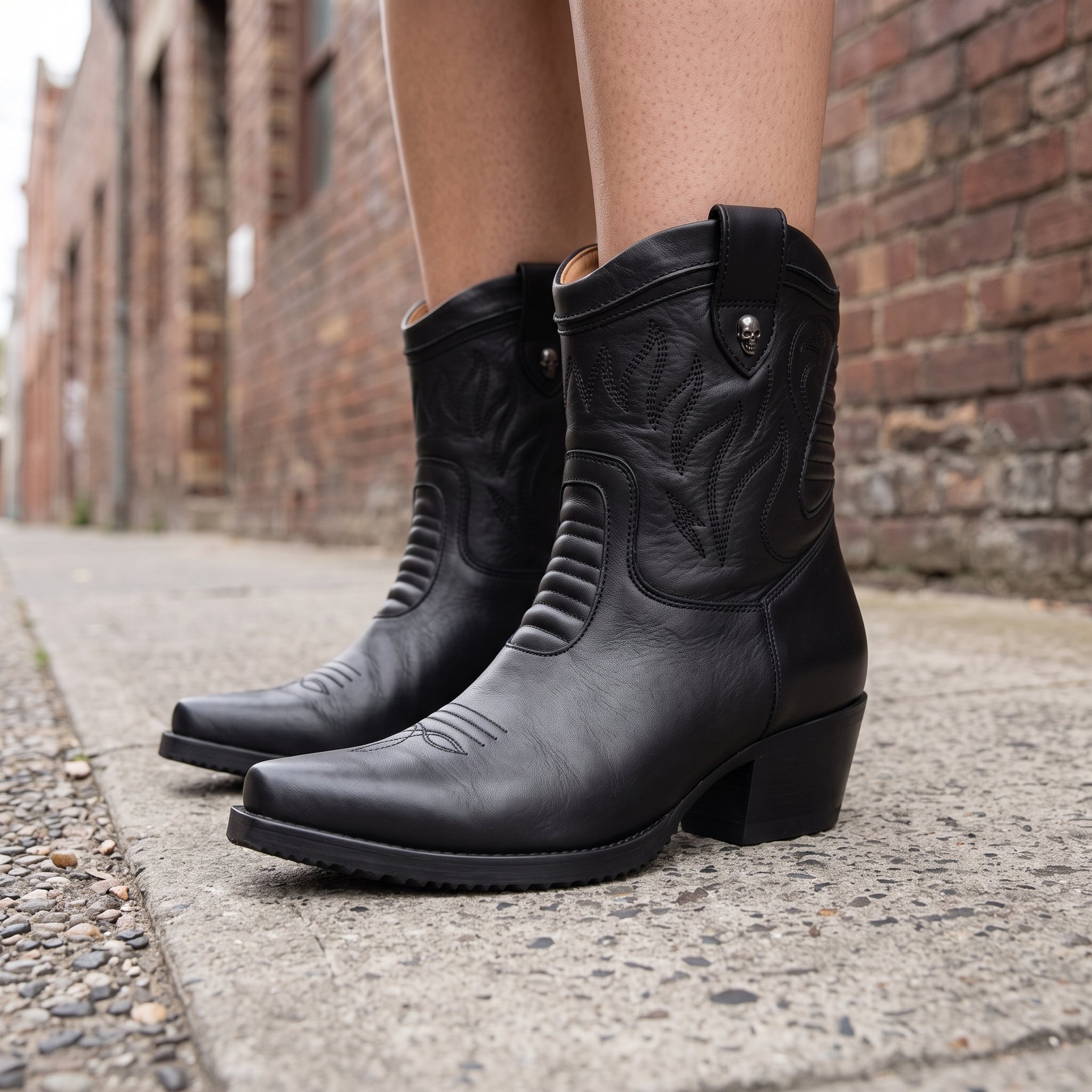 Women's Black Plain-Toe Leather Ankle Cowboy Boots — Plunkett