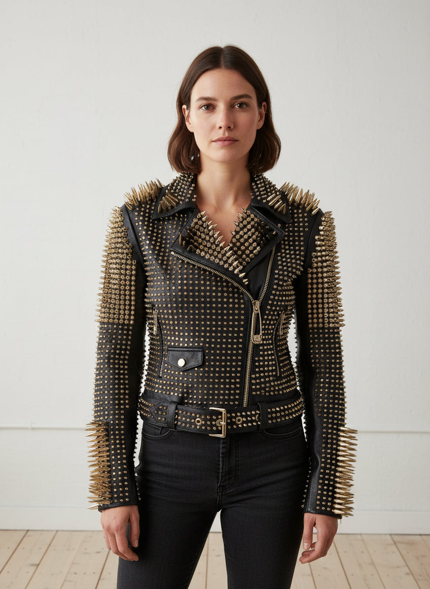 Handmade Womens Plain Black Fashion Studded Punk Style Jacket