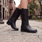 Women's Black Round-Toe Leather Mid-Calf Western Boots — Fairfax