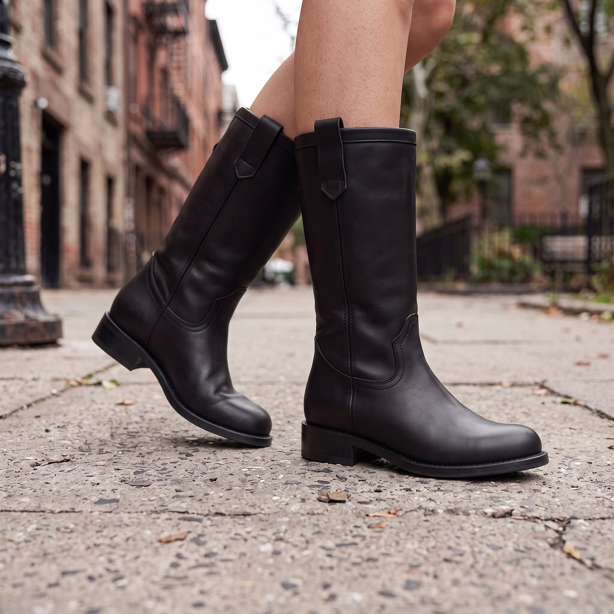 Women's Black Round-Toe Leather Mid-Calf Western Boots — Fairfax