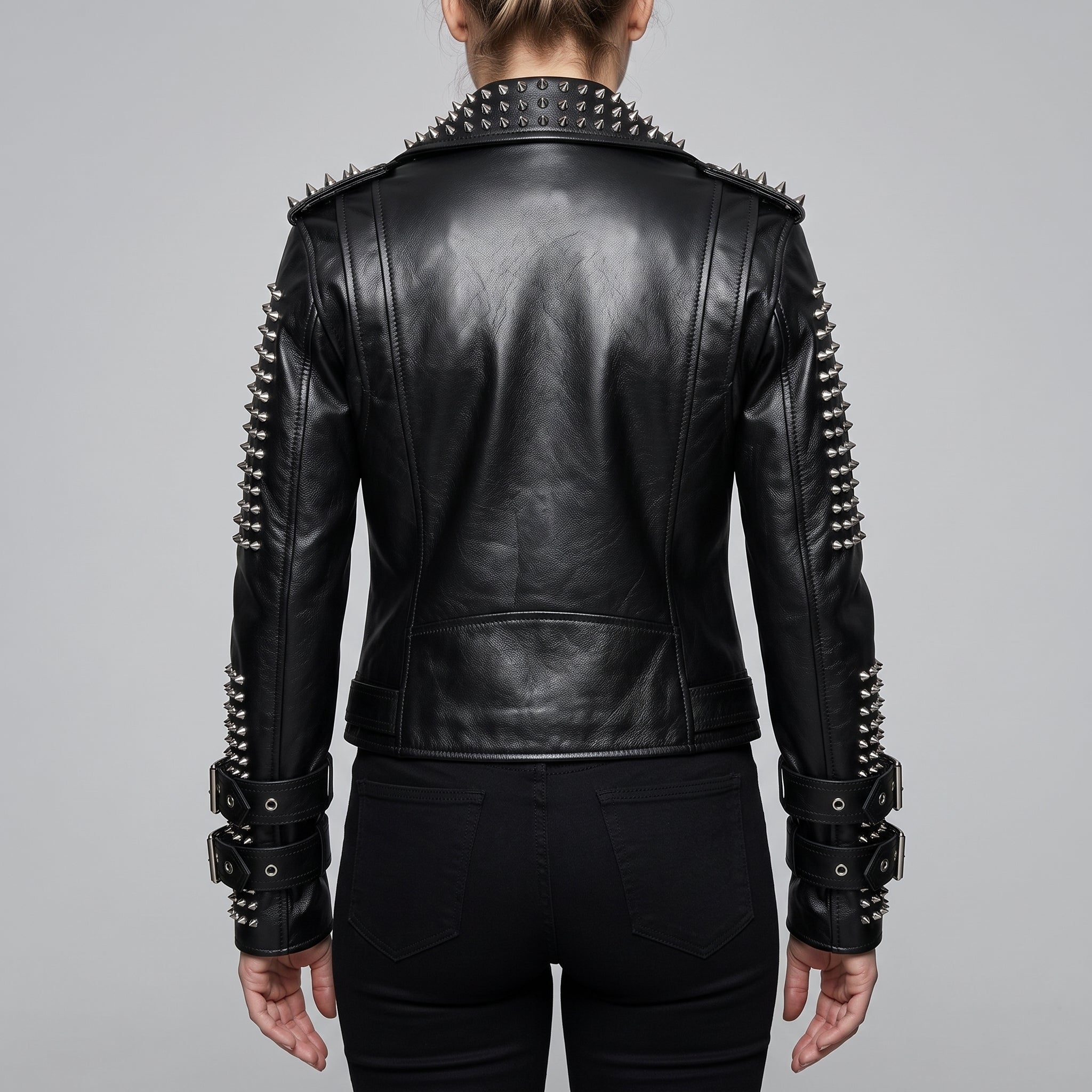 Women's Black Silver Studded Leather Biker Jacket — Fritton