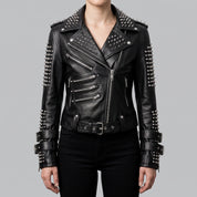 Women's Black Studded Leather Biker Jacket — Fritton