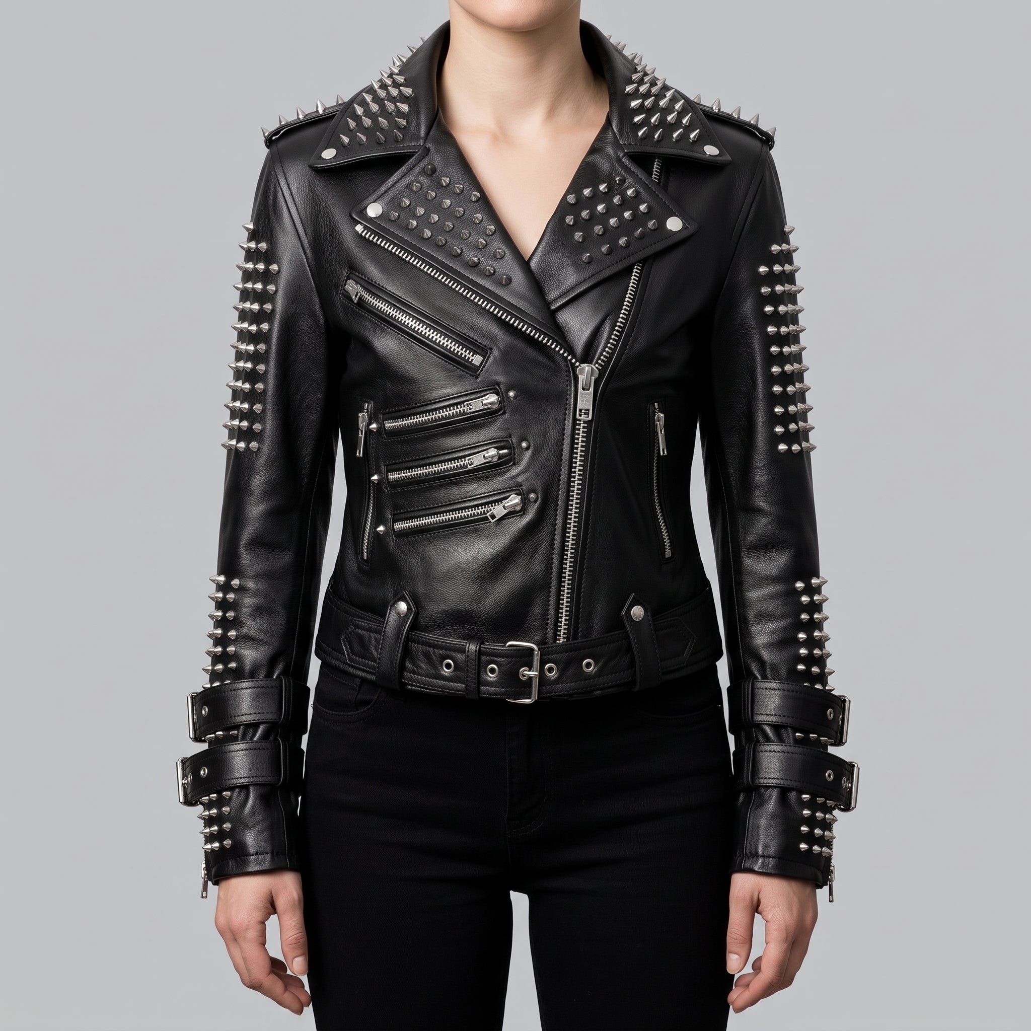 Women's Black Silver Studded Leather Biker Jacket — Fritton