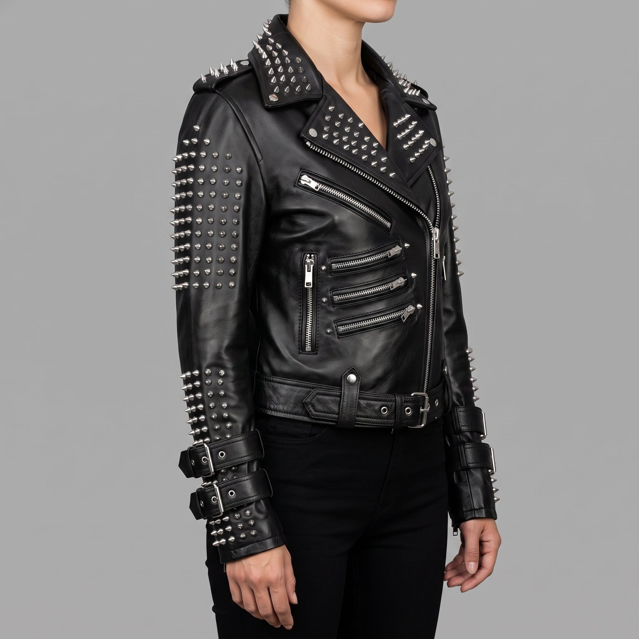 Women's Black Silver Studded Leather Biker Jacket — Fritton