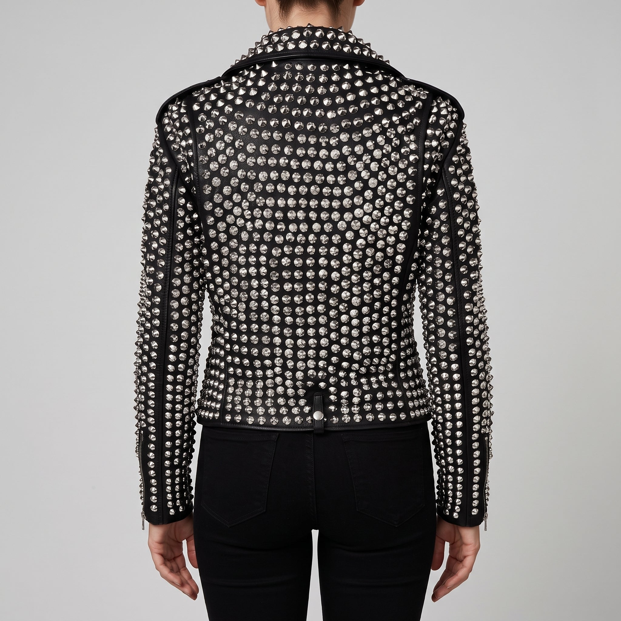 Women's Black Silver Studded Leather Biker Jacket — Thomson