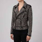 Women's Black Silver Studded Leather Biker Jacket — Thomson
