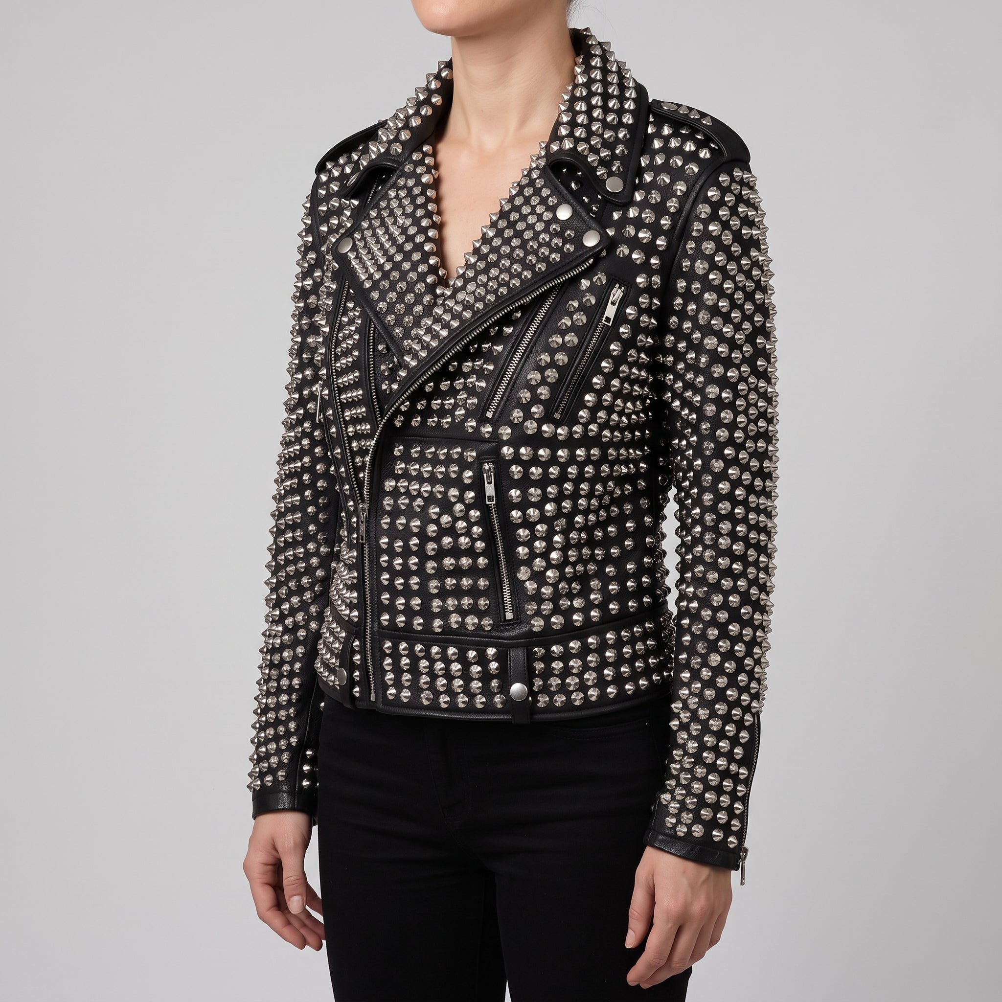 Women's Black Silver Studded Leather Biker Jacket — Thomson