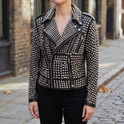 Women's Black Silver Studded Leather Biker Jacket — Thomson