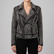 Women's Black Silver Studded Leather Biker Jacket — Thomson