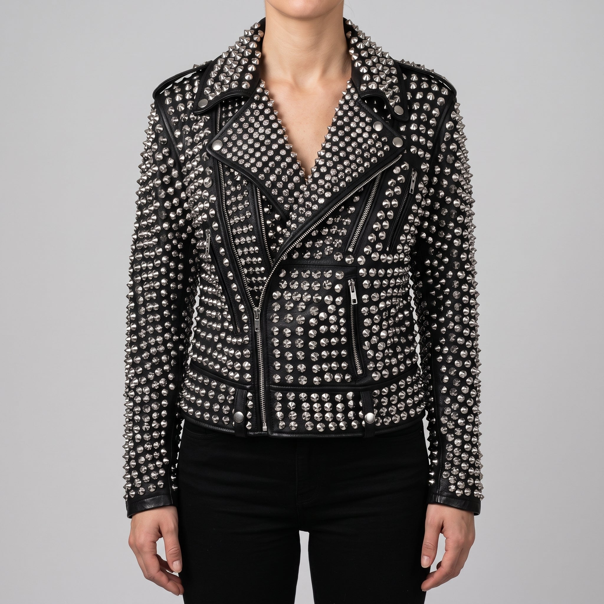 Women's Black Silver Studded Leather Biker Jacket — Thomson