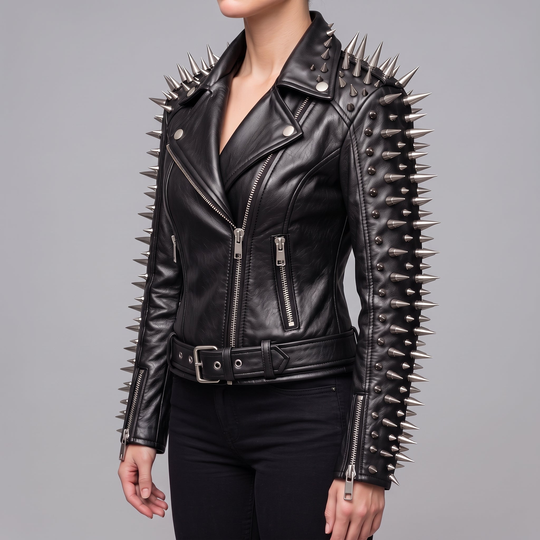Women's Black Spiked Leather Biker Jacket — Abney