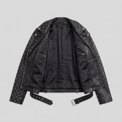 Women's Black Studded Asymmetrical Leather Biker Jacket — Abberwell