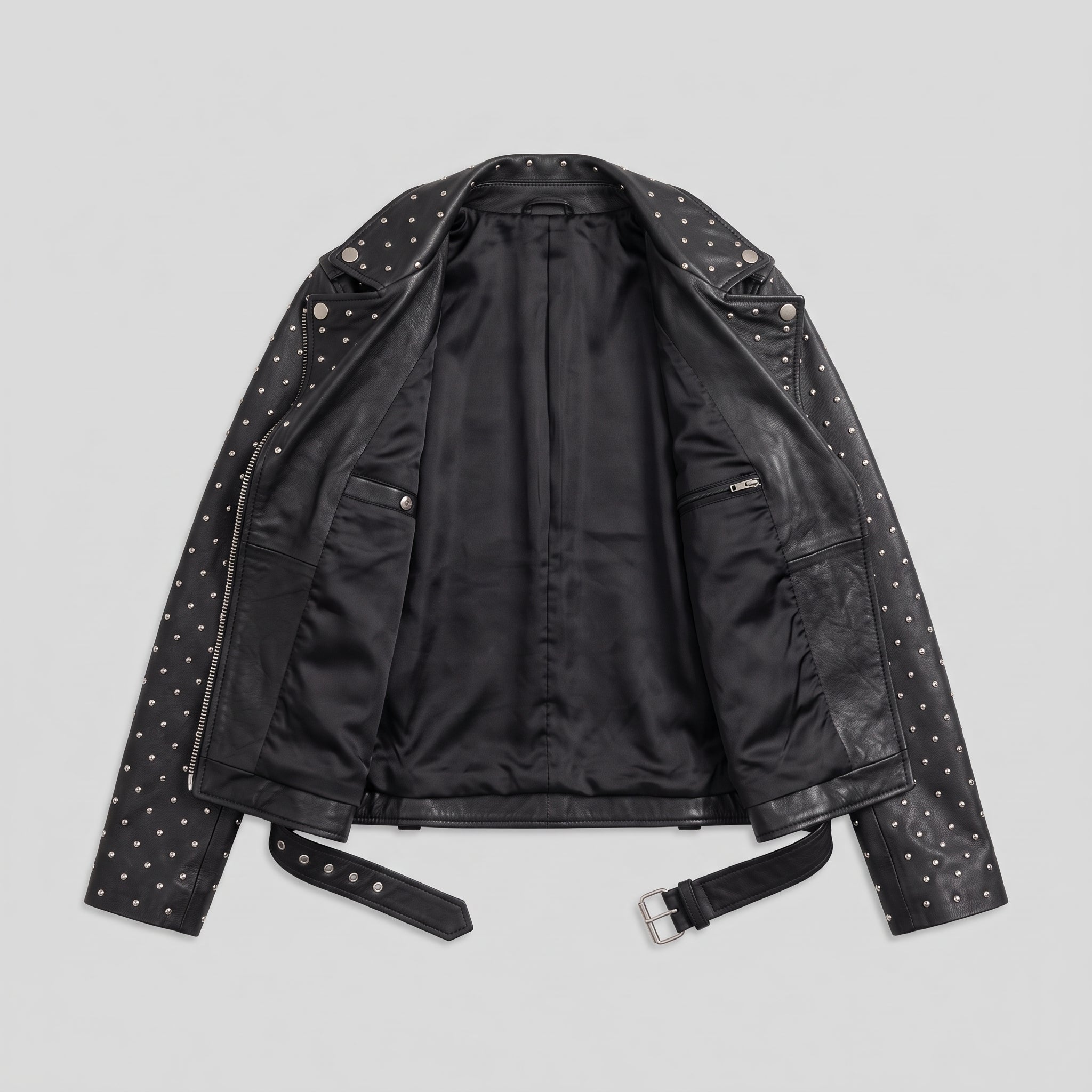 Women's Black Studded Asymmetrical Leather Biker Jacket — Abberwell