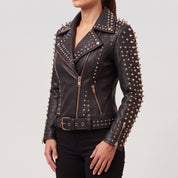 Women's Black Studded Leather Biker Jacket — Acreley