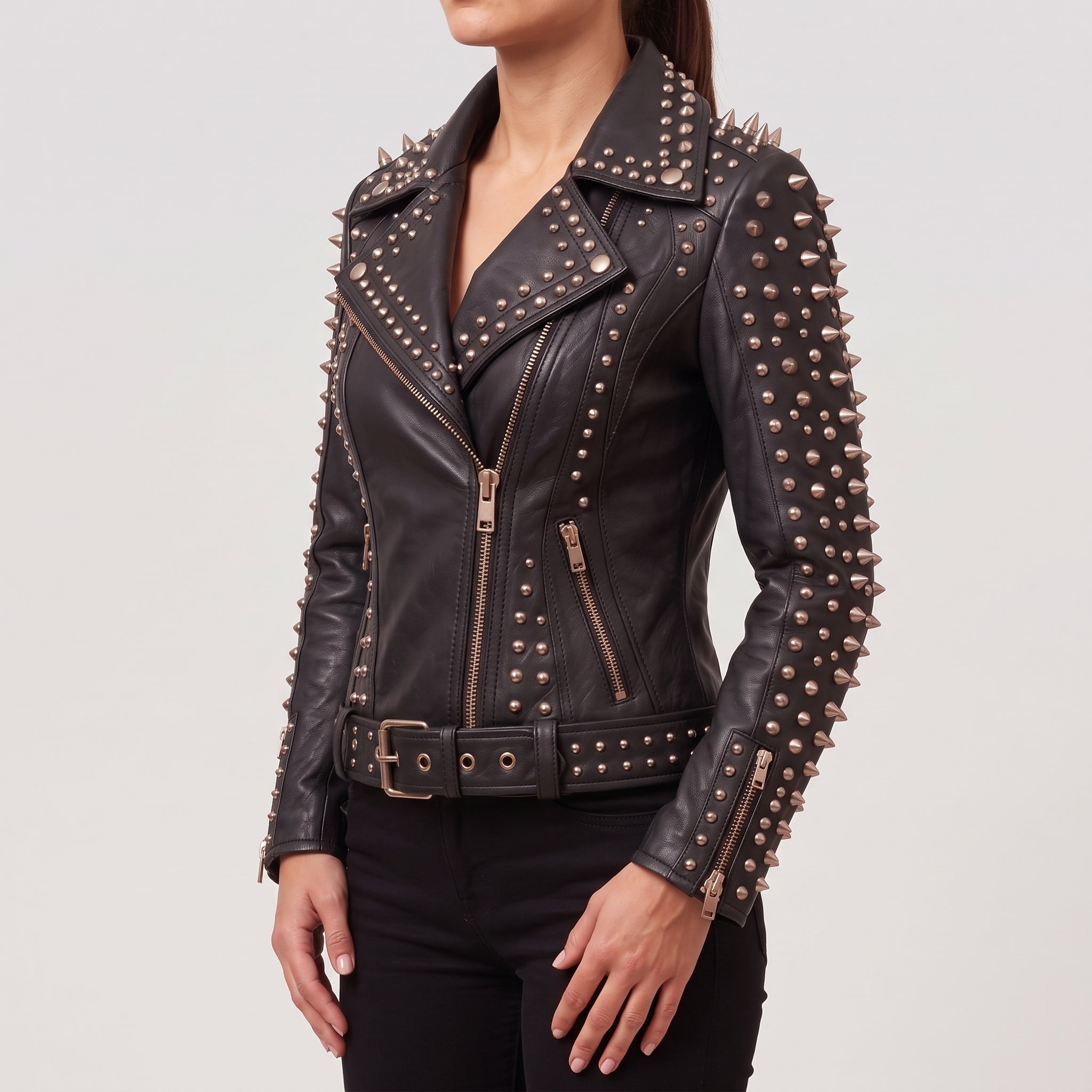 Women's Black Studded Leather Biker Jacket — Acreley