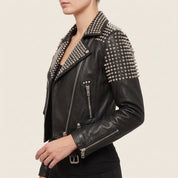 Women's Black Studded Leather Biker Jacket — Basford