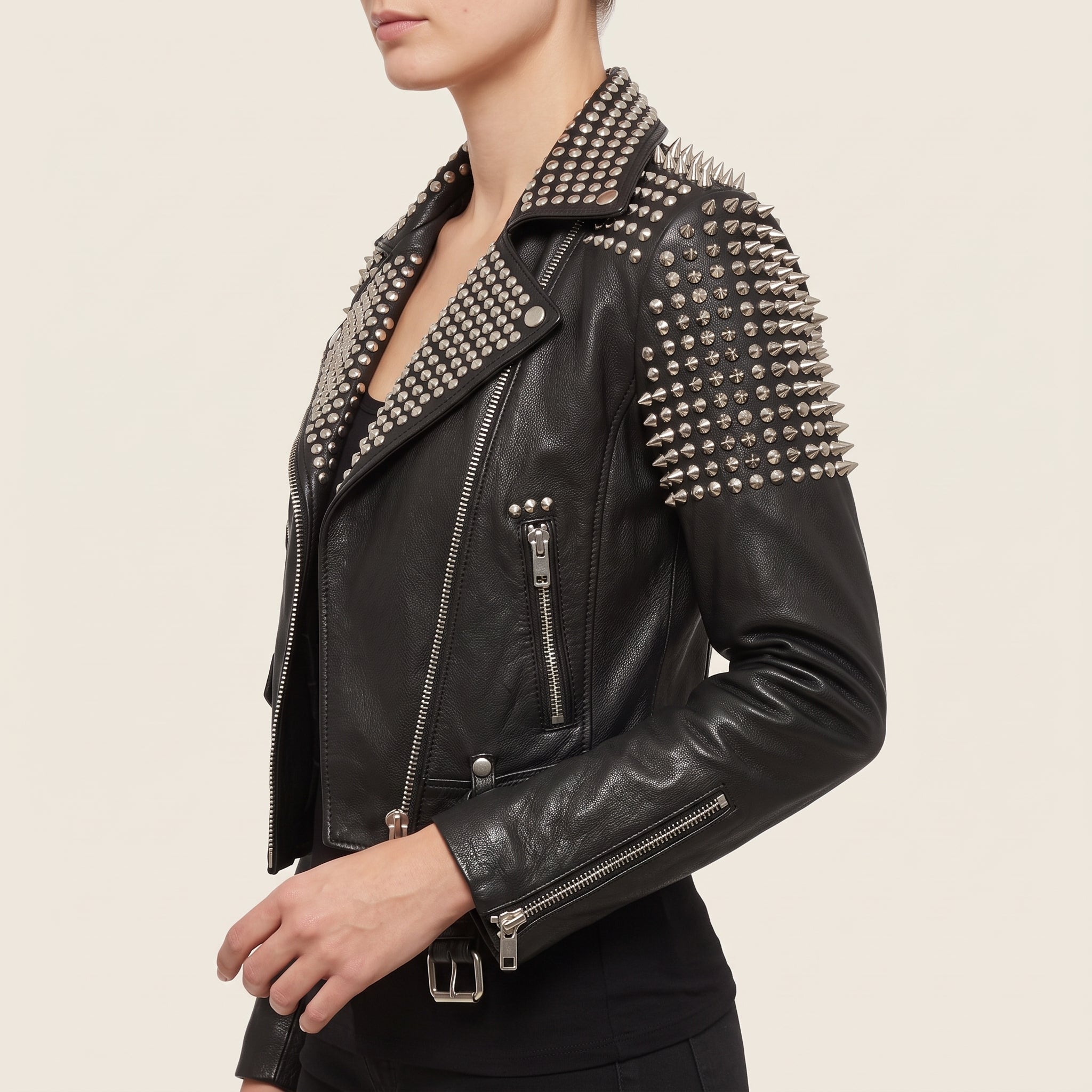 Women's Black Studded Leather Biker Jacket — Basford