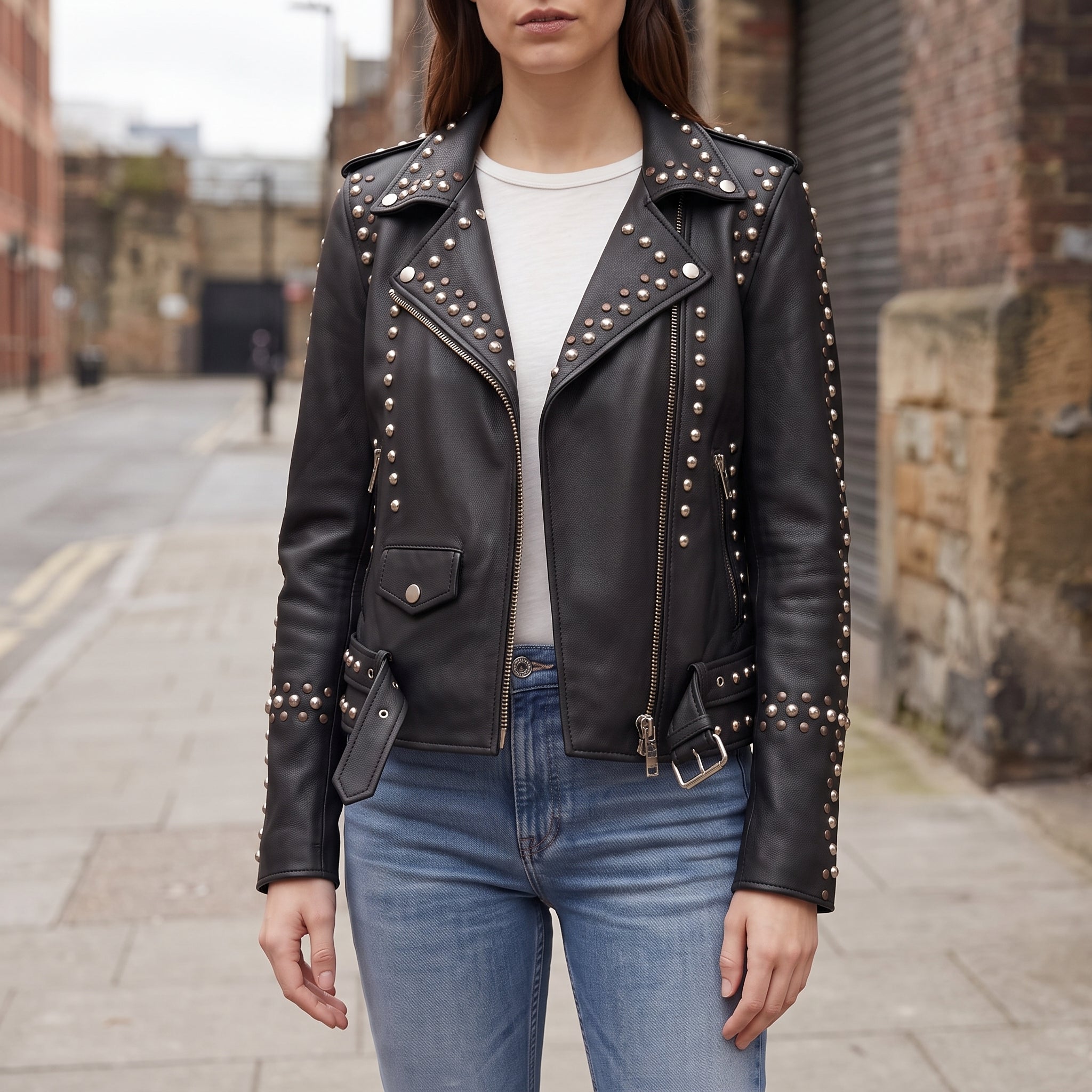 Women's Black Studded Leather Biker Jacket — Buckland