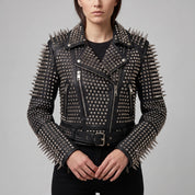 Women's Black Studded Leather Biker Jacket — Derrington