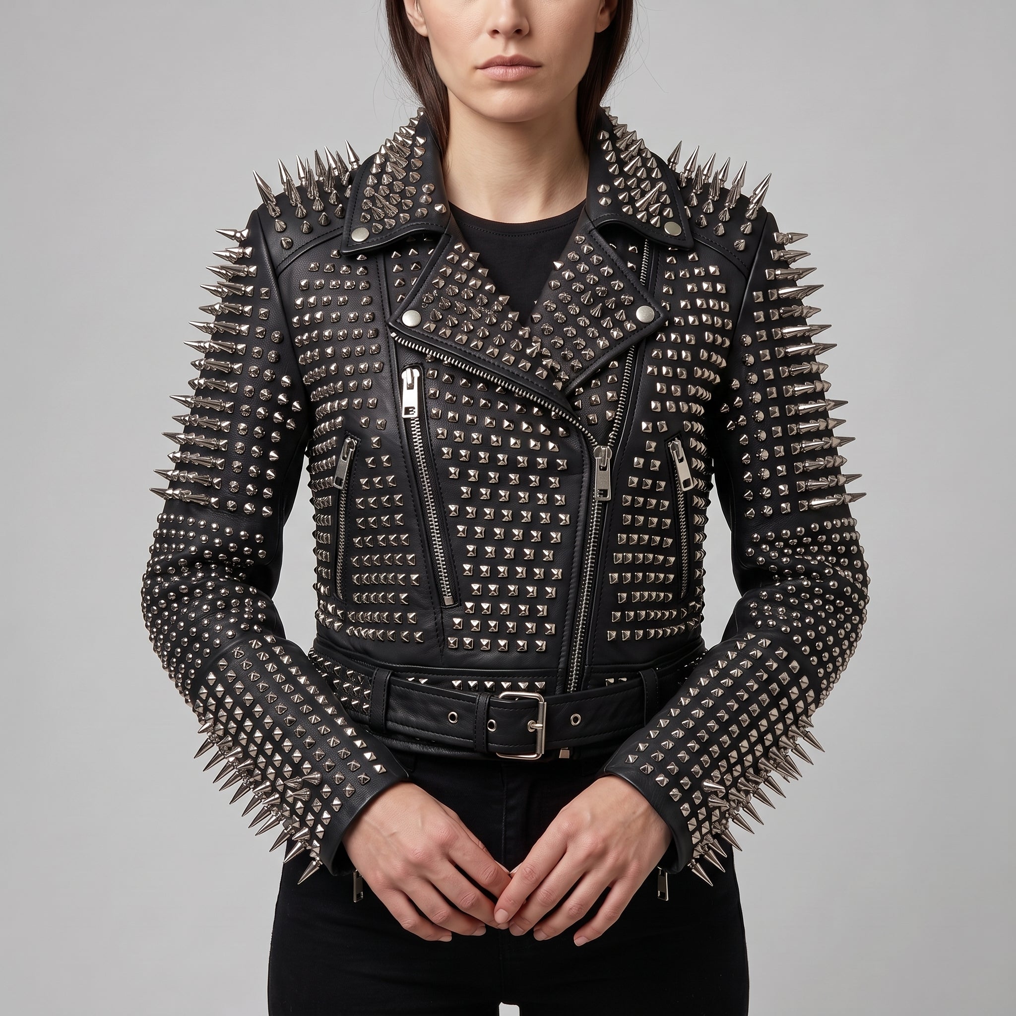 Women's Black Studded Leather Biker Jacket — Derrington