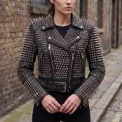 Women's Black Studded Leather Biker Jacket — Derrington