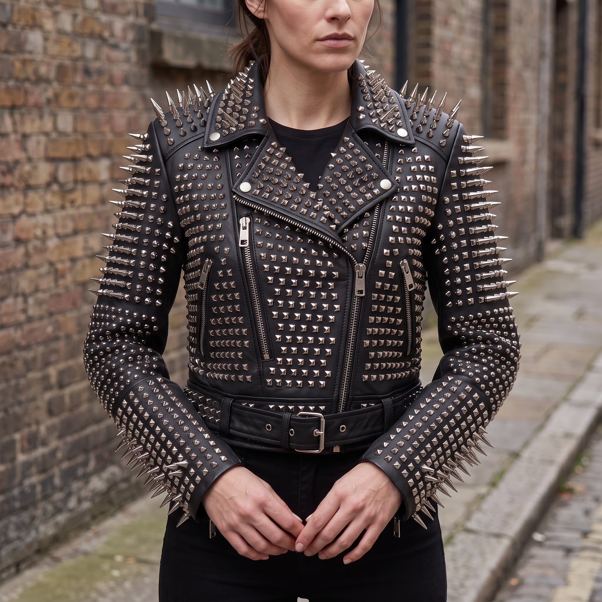 Women's Black Studded Leather Biker Jacket — Derrington