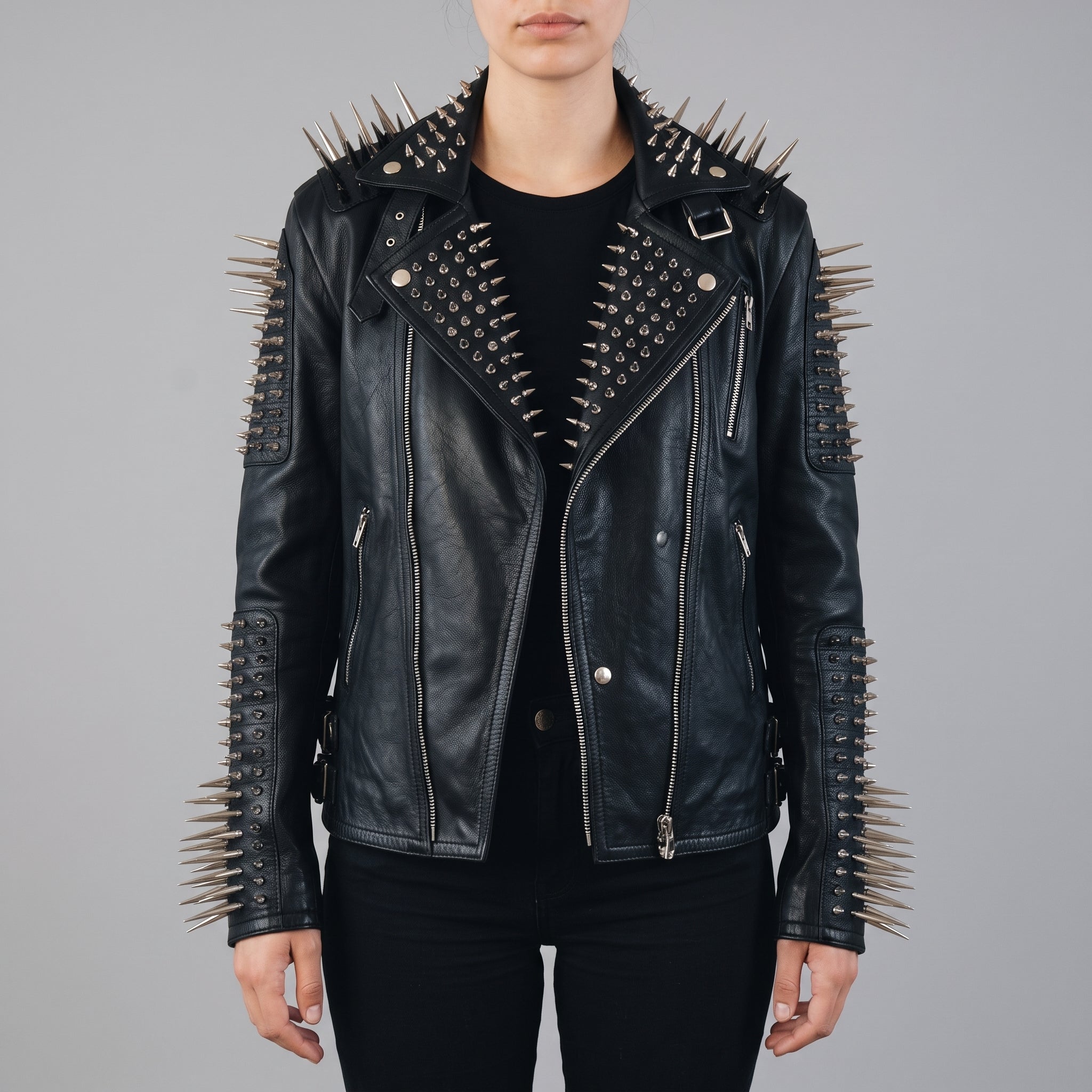 Women's Black Studded Leather Biker Jacket — Eastgate