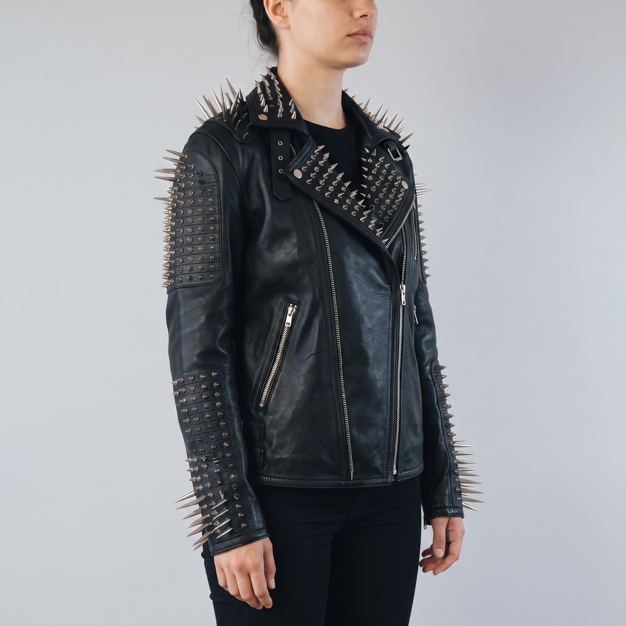 Women's Black Studded Leather Biker Jacket — Eastgate