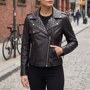 Women's Black Studded Leather Biker Jacket — Greenwood