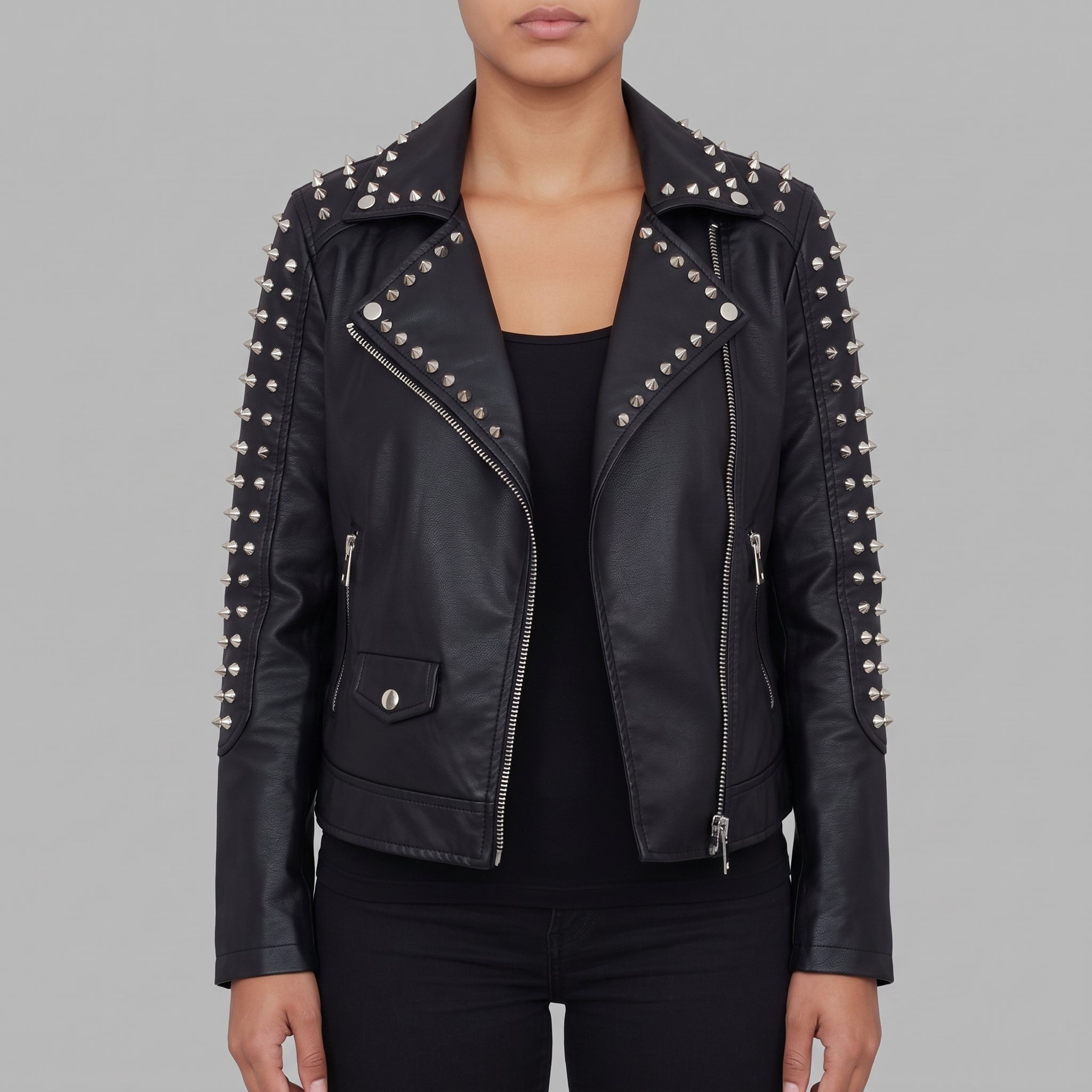 Women's Black Studded Leather Biker Jacket — Hammersley
