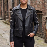 Women's Black Studded Leather Biker Jacket — Hammersley