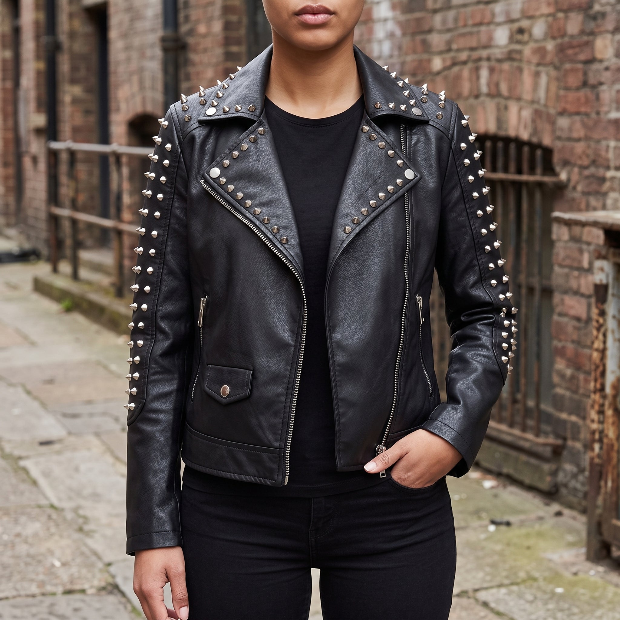 Women's Black Studded Leather Biker Jacket — Hammersley